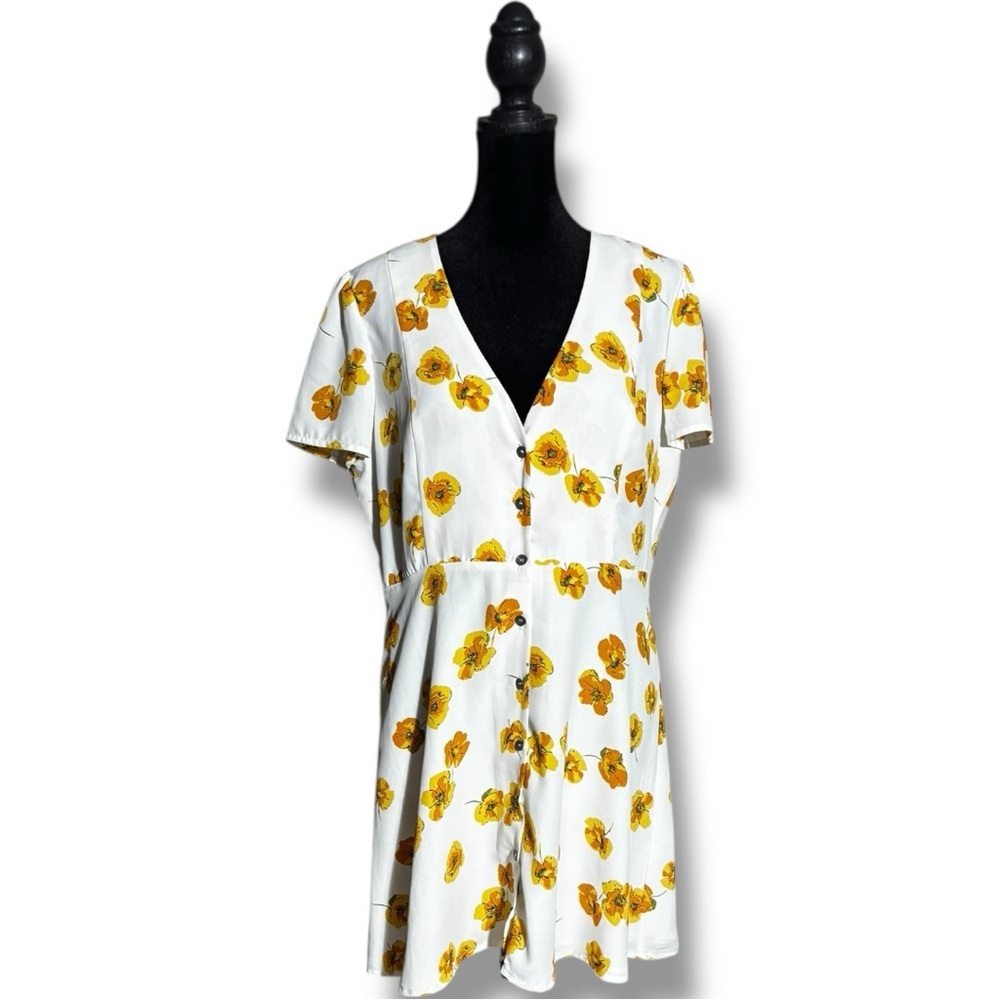 re:named New With Tags V-neck White Mini Dress with Yellow Floral Accents - Picture 3 of 16